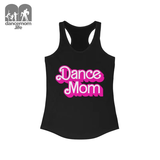 Black racerback tank top with pink neon-style ’Dance Mom’ text design.