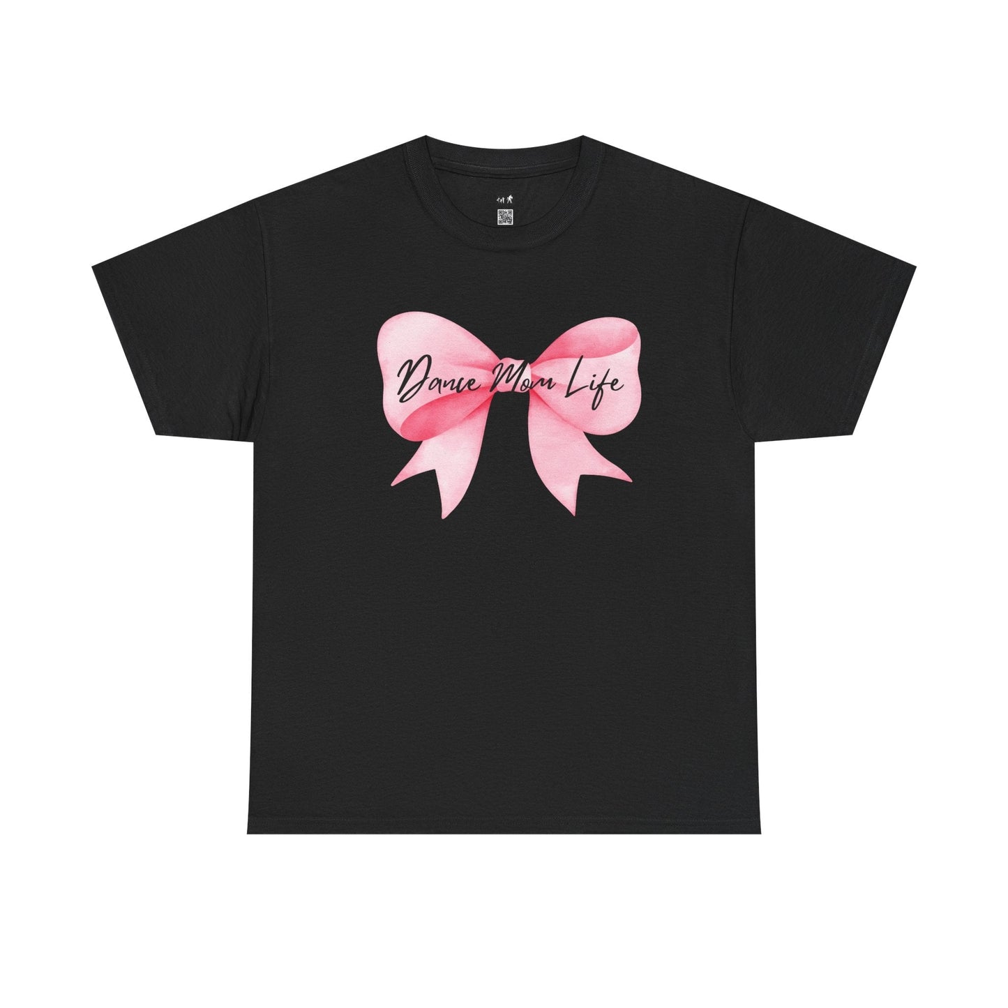 Black cotton t-shirt featuring a watercolor-style pink bow with the text ’danie mom life’ elegantly scripted across it.