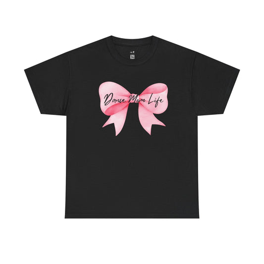 Black cotton t-shirt featuring a watercolor-style pink bow with the text ’danie mom life’ elegantly scripted across it.