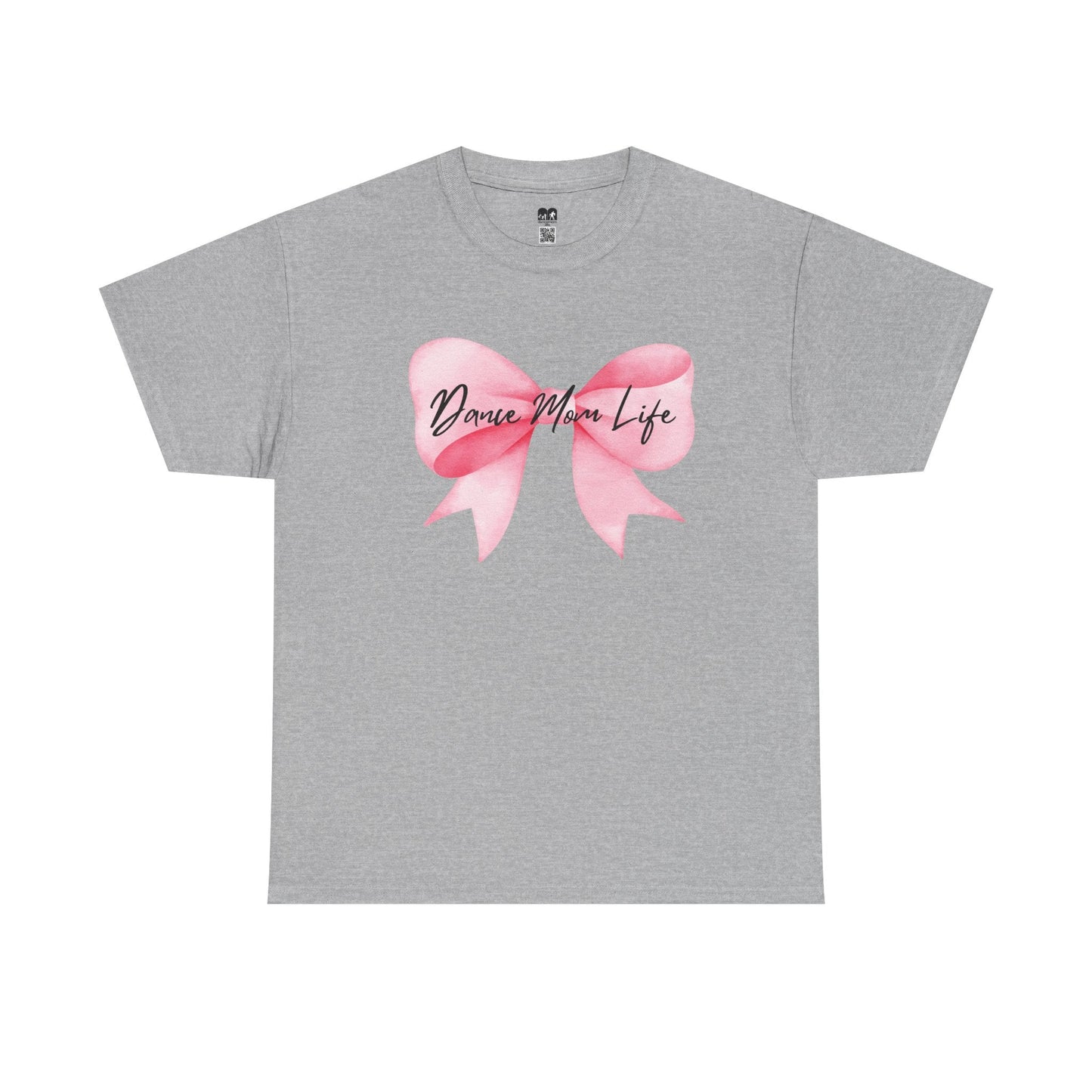 Gray heathered t-shirt featuring a watercolor-style pink bow graphic with the text ’dance mom life’ in black cursive script across its center.