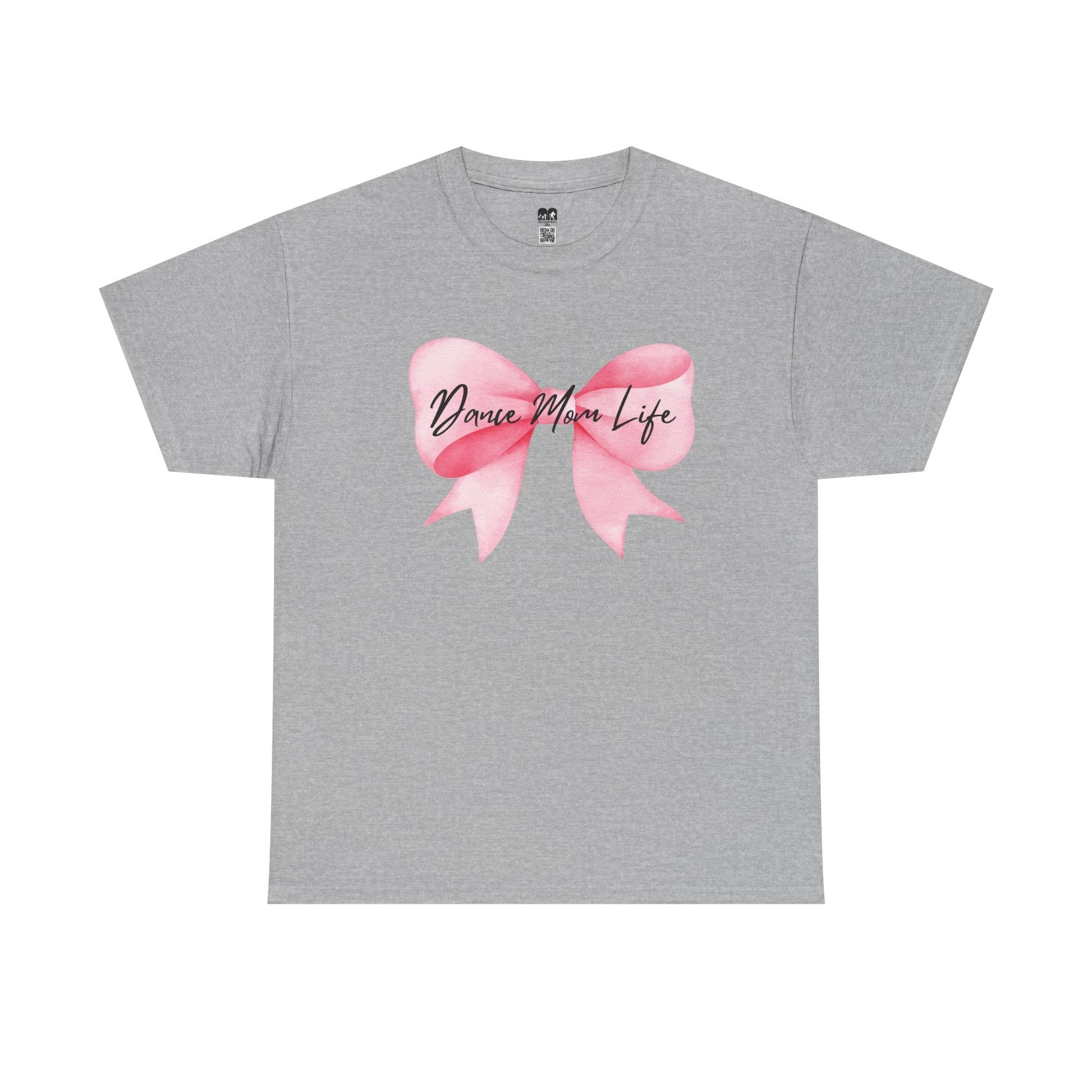 Gray heathered t-shirt featuring a watercolor-style pink bow graphic with the text ’dance mom life’ in black cursive script across its center.