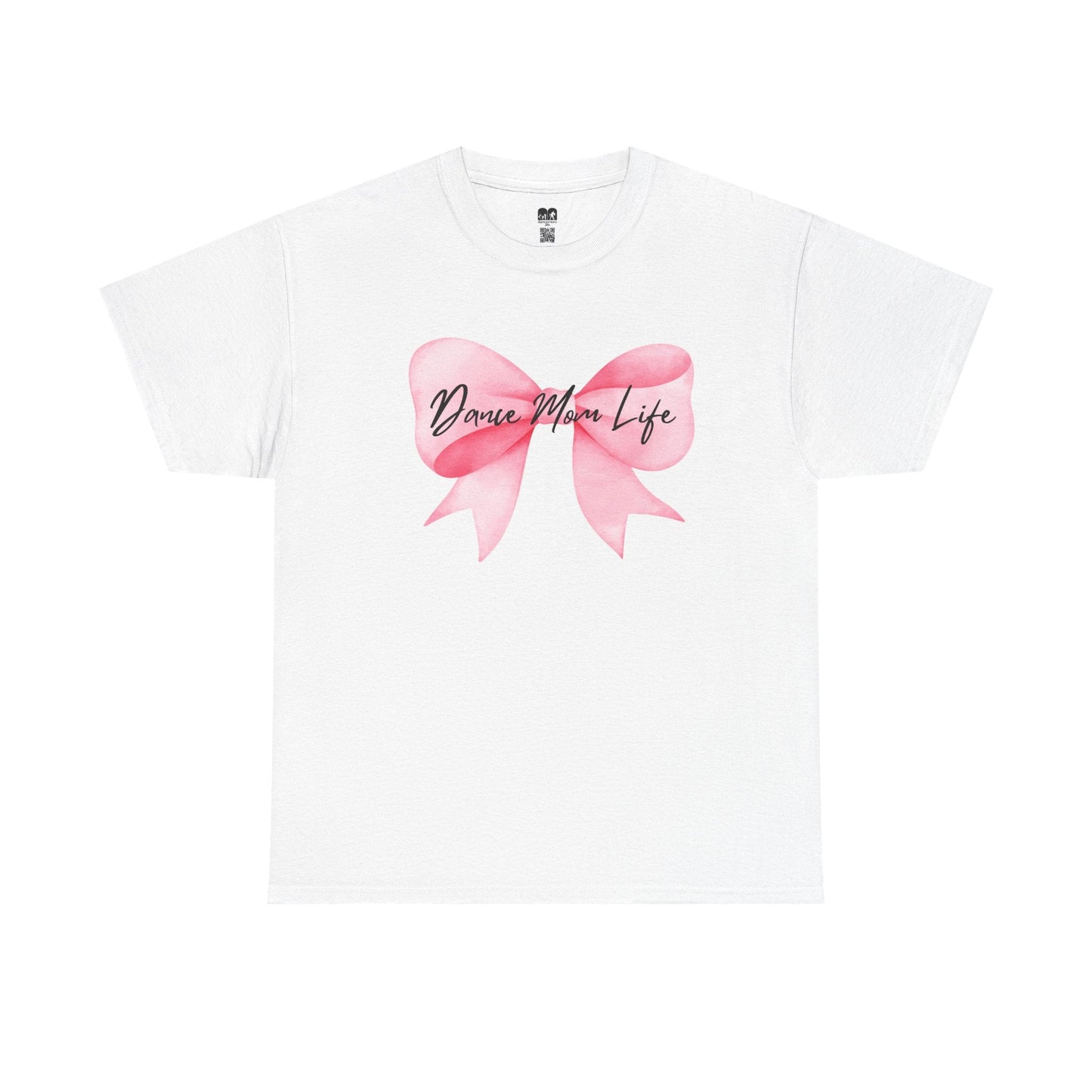 White cotton t-shirt featuring a watercolor-style pink bow graphic with the text ’dance mom life’ in black cursive script across it.