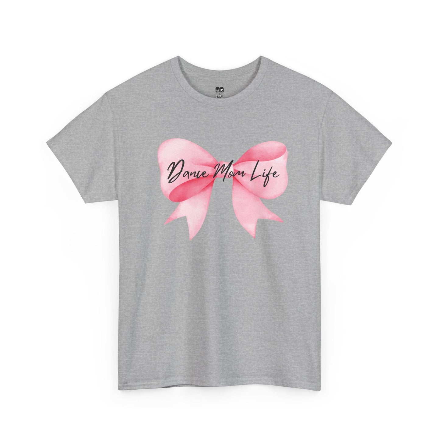 Gray heathered cotton t-shirt featuring a watercolor-style pink bow graphic with the text ’dance mom life’ in black cursive script across its center.