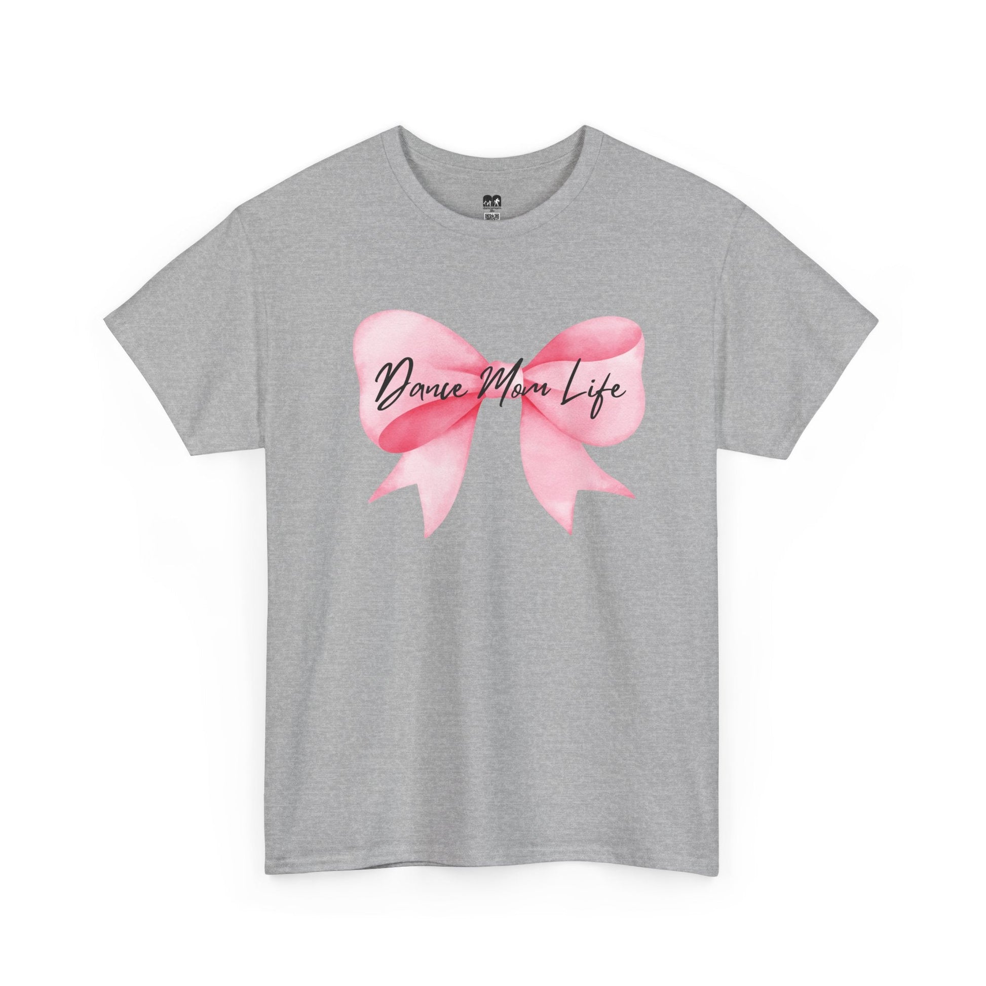 Gray heathered cotton t-shirt featuring a watercolor-style pink bow graphic with the text ’dance mom life’ in black cursive script across its center.