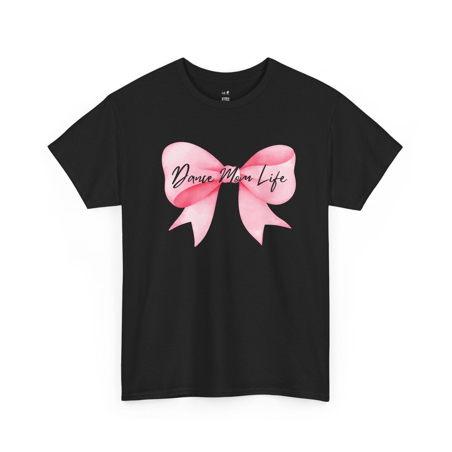 Black cotton t-shirt featuring a watercolor-style pink bow with the text ’dance mom life’ printed across it.