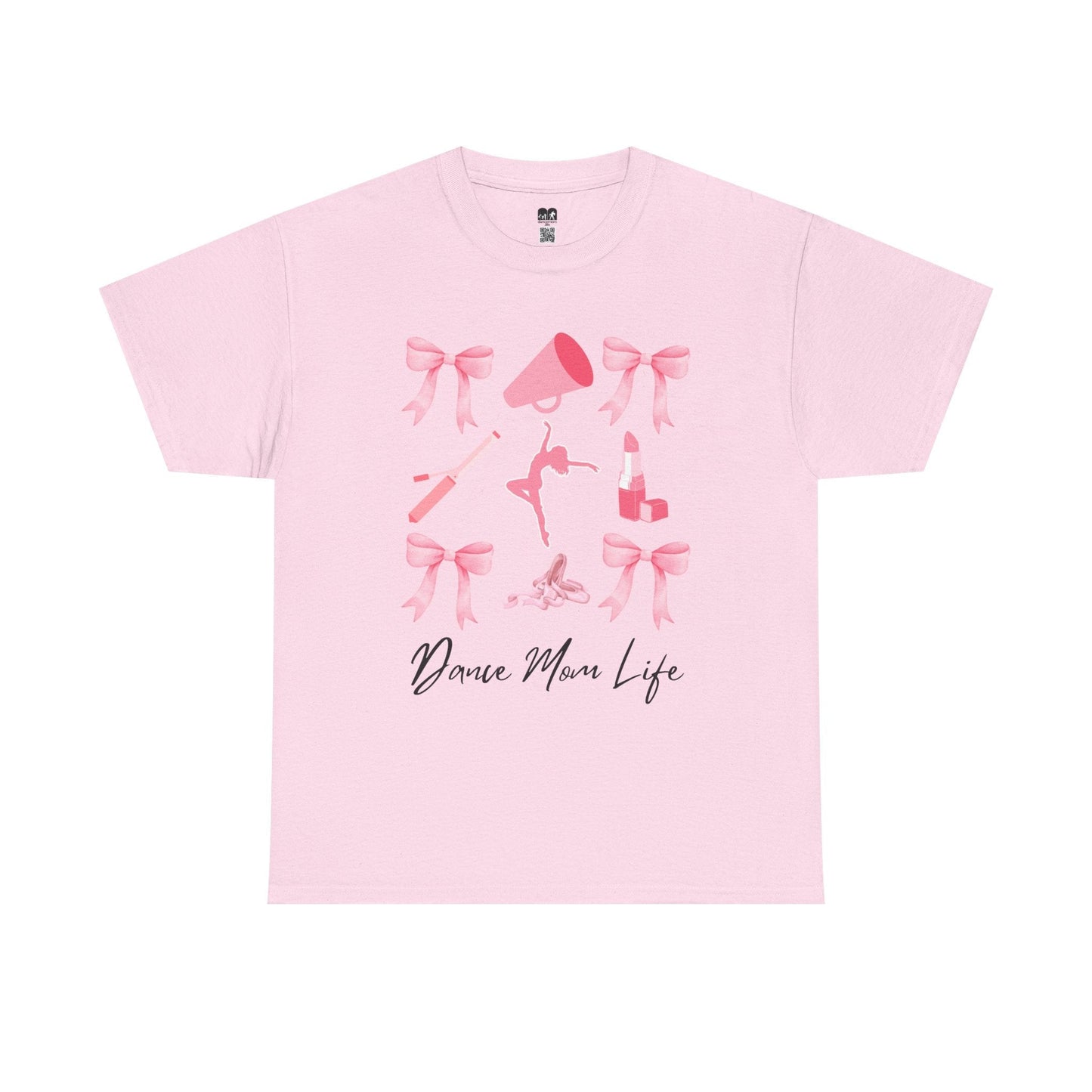 Pink cotton t-shirt featuring a graphic of bows, a megaphone, ballet shoes, and lipstick with the text ’dance mom life’ printed below.