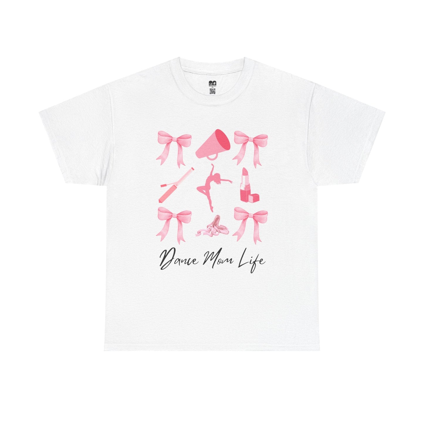 White cotton t-shirt featuring a pink graphic of bows, a megaphone, ballet shoes, and the text ’dance mom life.’