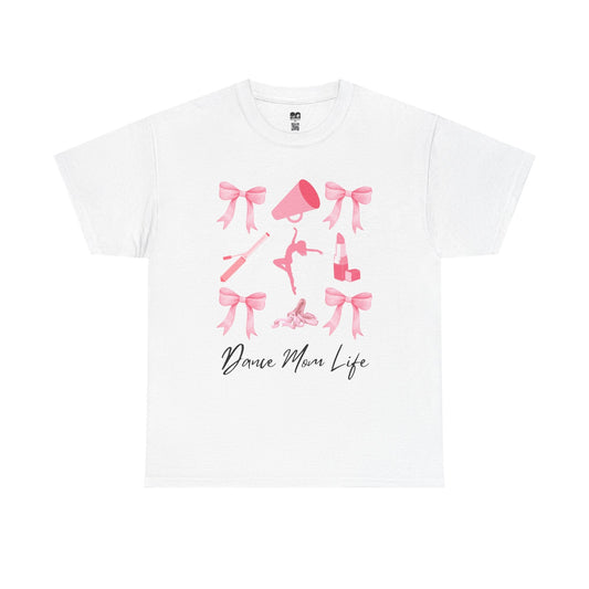 White cotton t-shirt featuring a pink graphic of bows, a megaphone, ballet shoes, and the text ’dance mom life.’