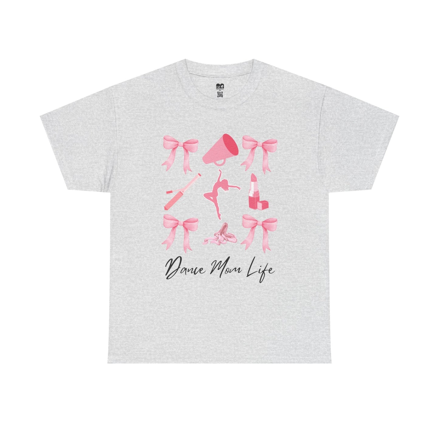 Heather gray cotton t-shirt featuring a pink graphic of bows, a megaphone, ballet shoes, and lipstick with the text ’dance mom life’ in black cursive script.