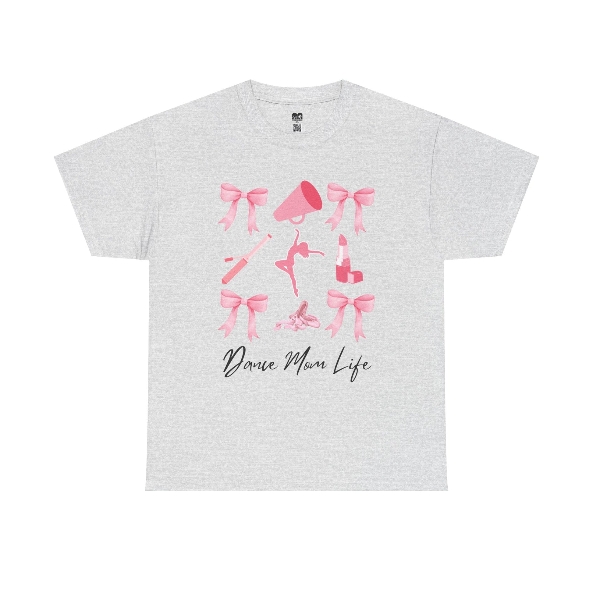 Heather gray cotton t-shirt featuring a pink graphic of bows, a megaphone, ballet shoes, and lipstick with the text ’dance mom life’ in black cursive script.