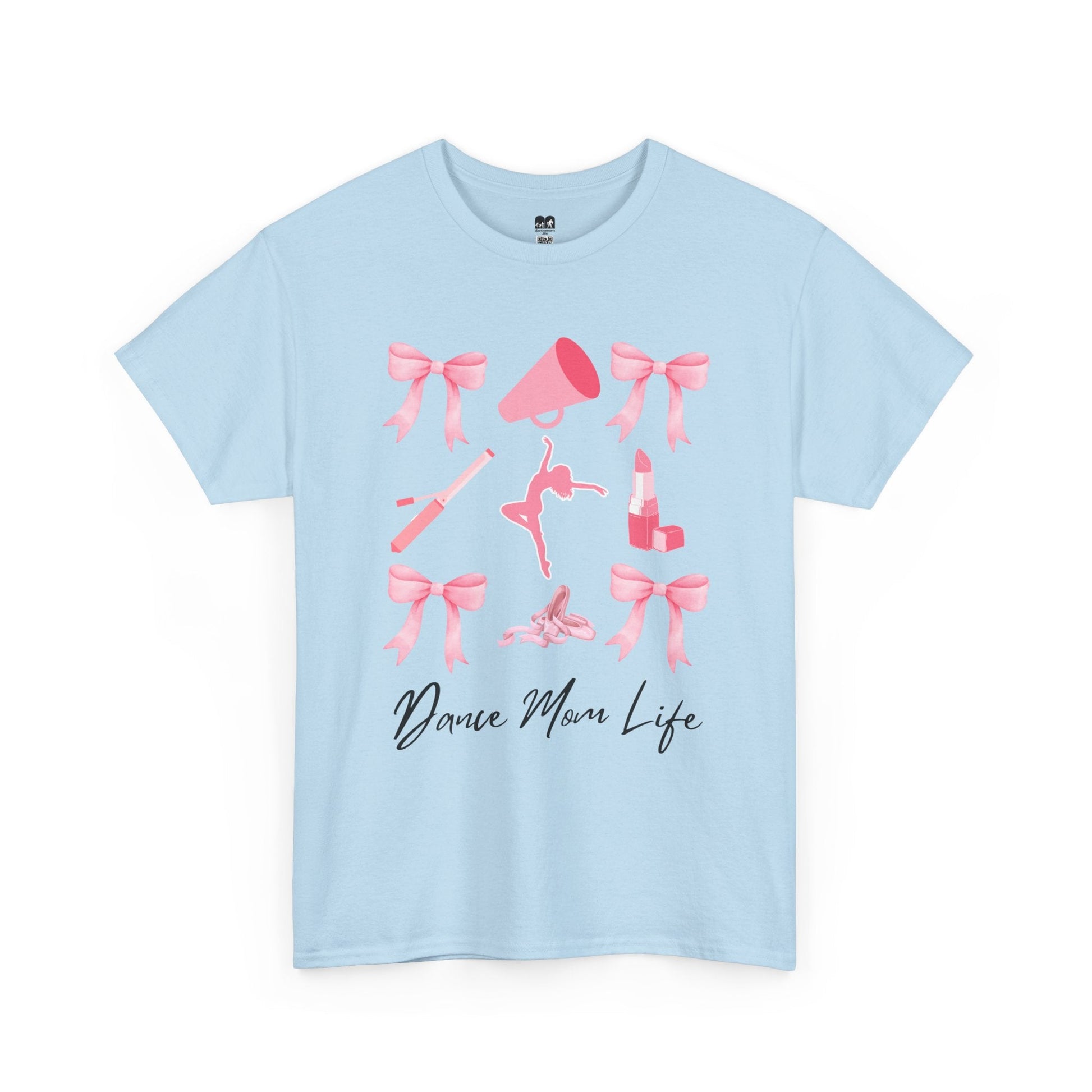 Light blue cotton t-shirt featuring a pink graphic of bows, a megaphone, ballet shoes, and lipstick with the text ’dance mom life’ in black script.