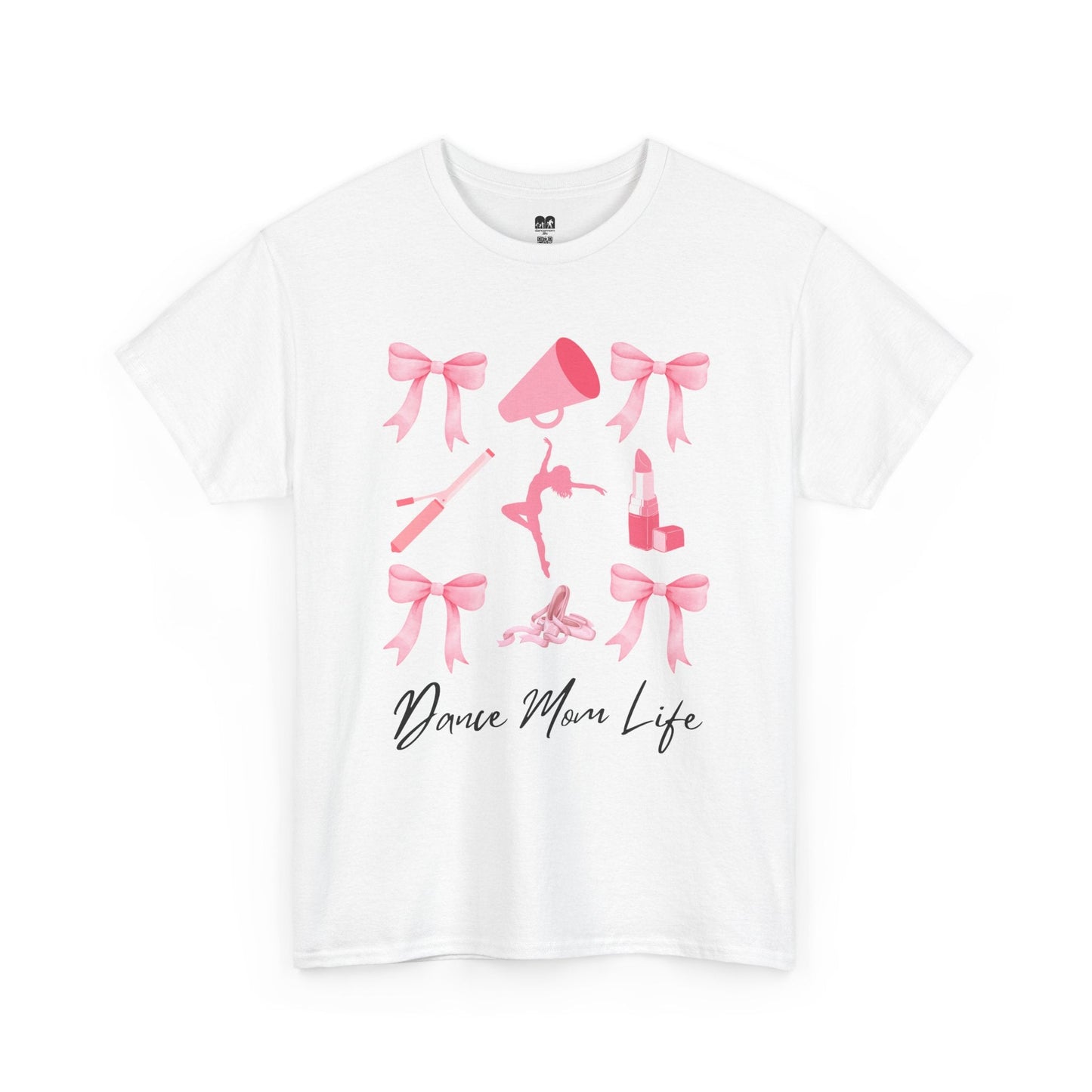 White cotton t-shirt featuring a pink graphic of bows, a megaphone, a dancer, lipstick, and ballet shoes with the text ’dance mom life’ in black cursive script.