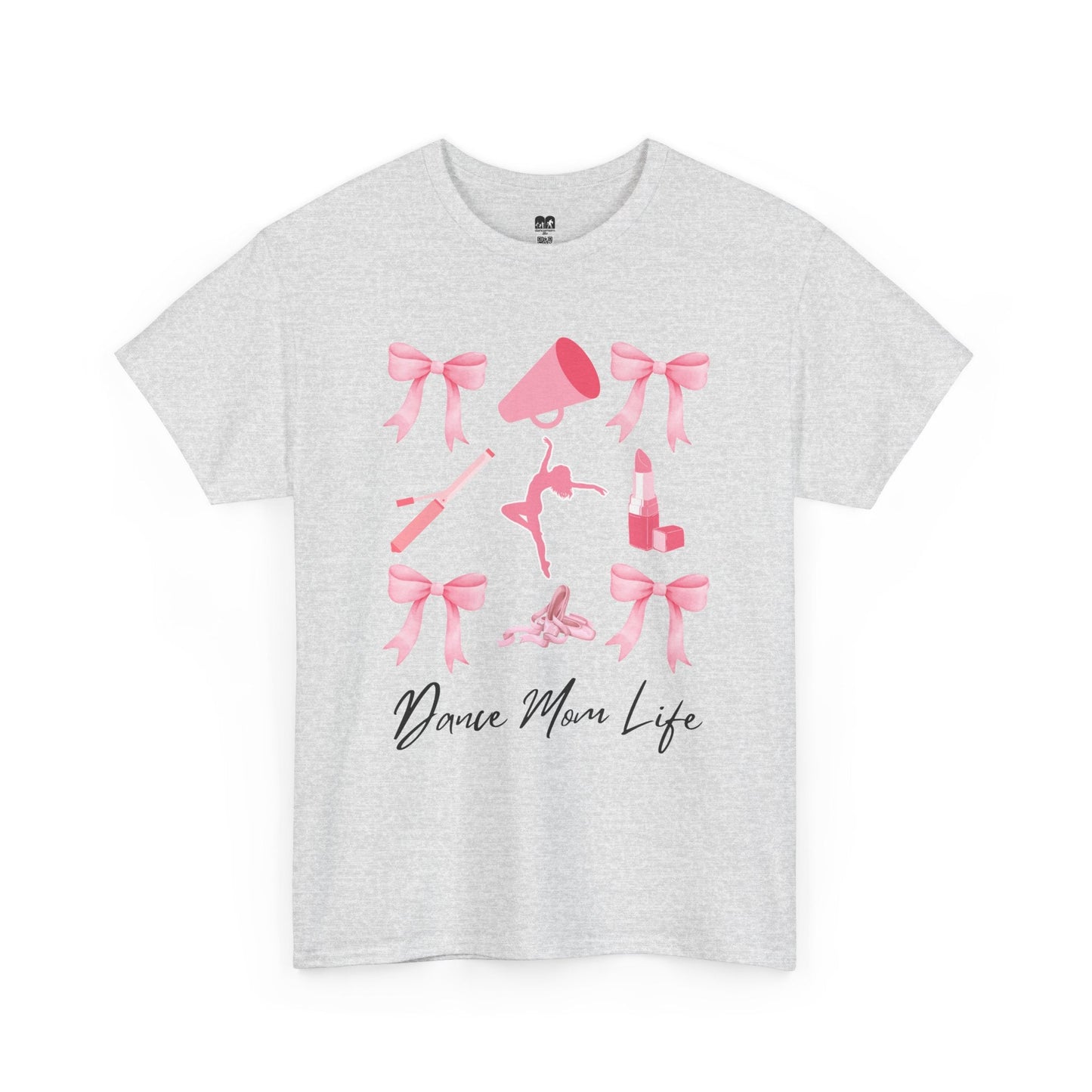 A heather gray cotton t-shirt featuring a pink graphic of bows, a megaphone, ballet shoes, and lipstick with the text ’dance mom life’ in black cursive script.