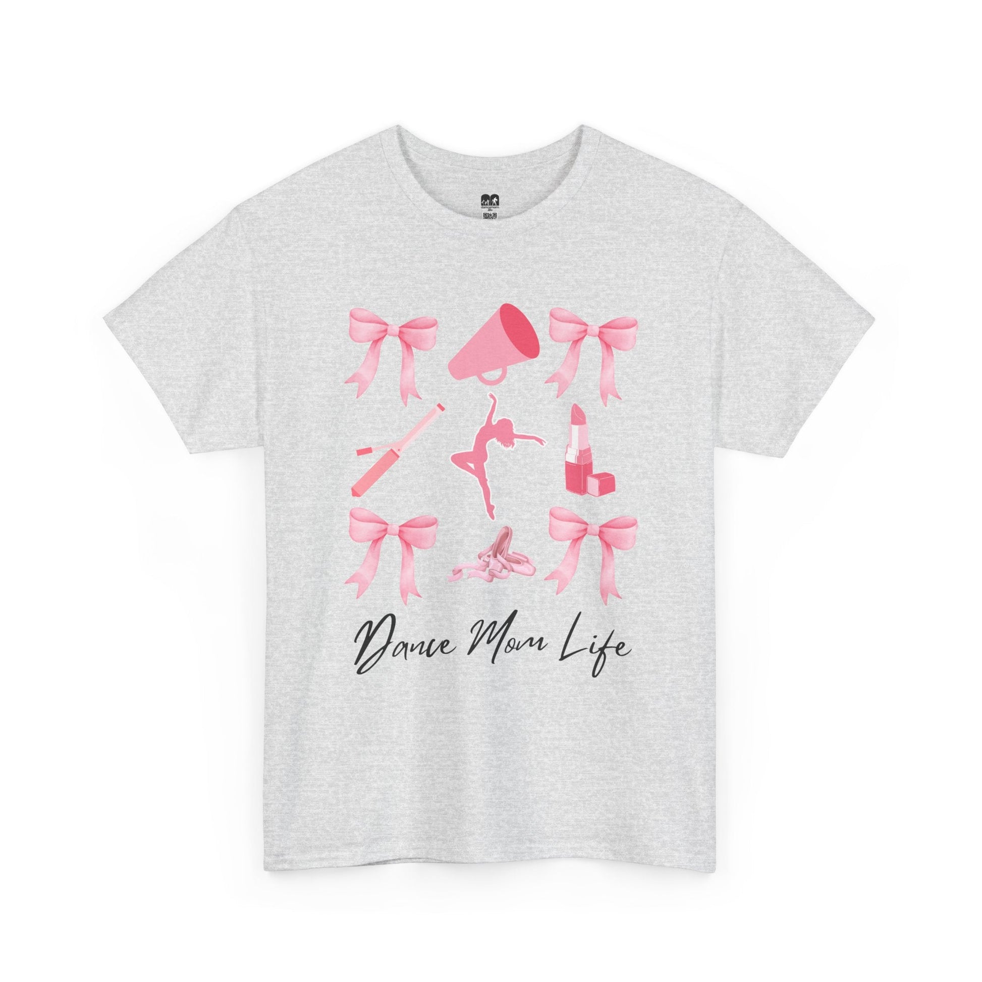 A heather gray cotton t-shirt featuring a pink graphic of bows, a megaphone, ballet shoes, and lipstick with the text ’dance mom life’ in black cursive script.