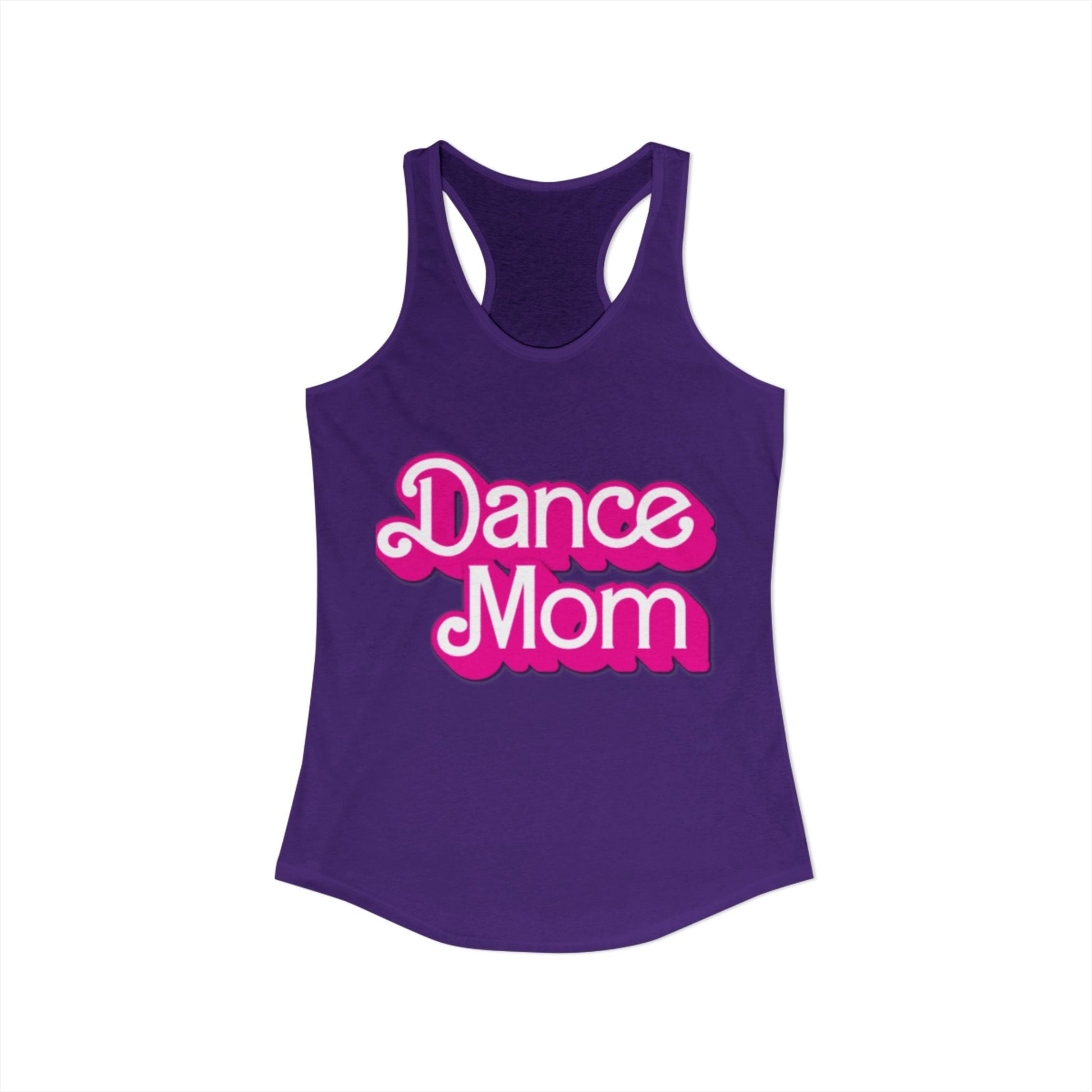 Purple racerback tank top with ’dance mom’ printed in pink and white cursive lettering.