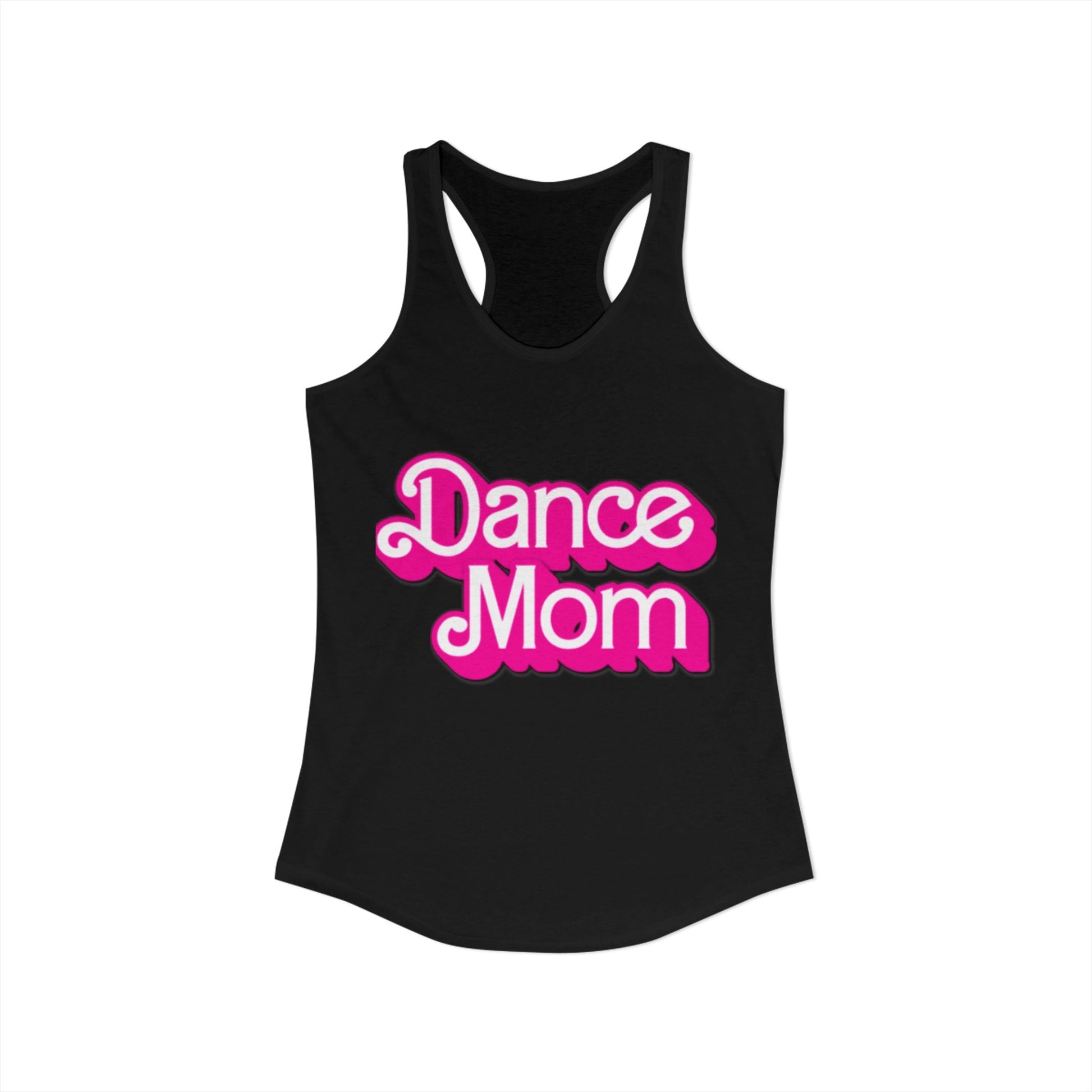 Black racerback tank top with ’dance mom’ printed in vibrant pink and white cursive lettering.