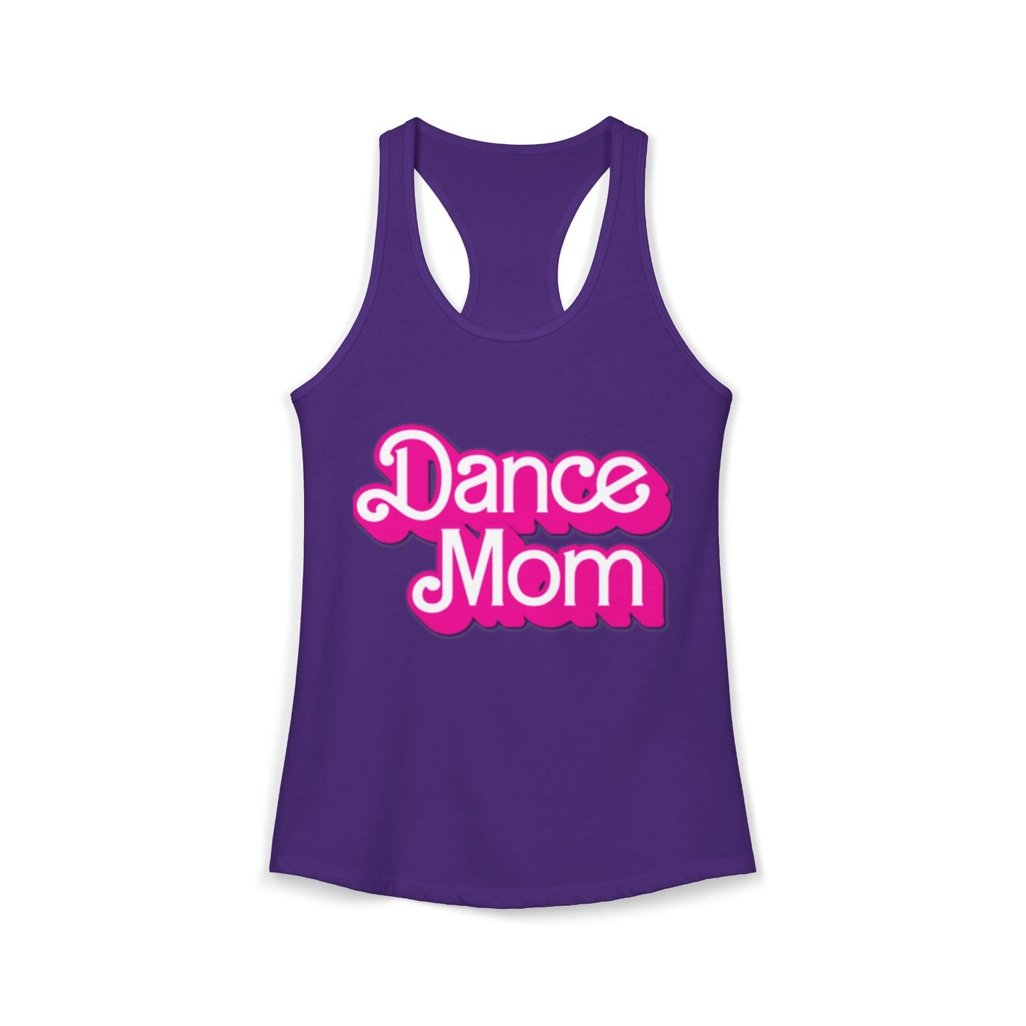 Purple racerback tank top with ’dance mom’ printed in pink and white cursive lettering.