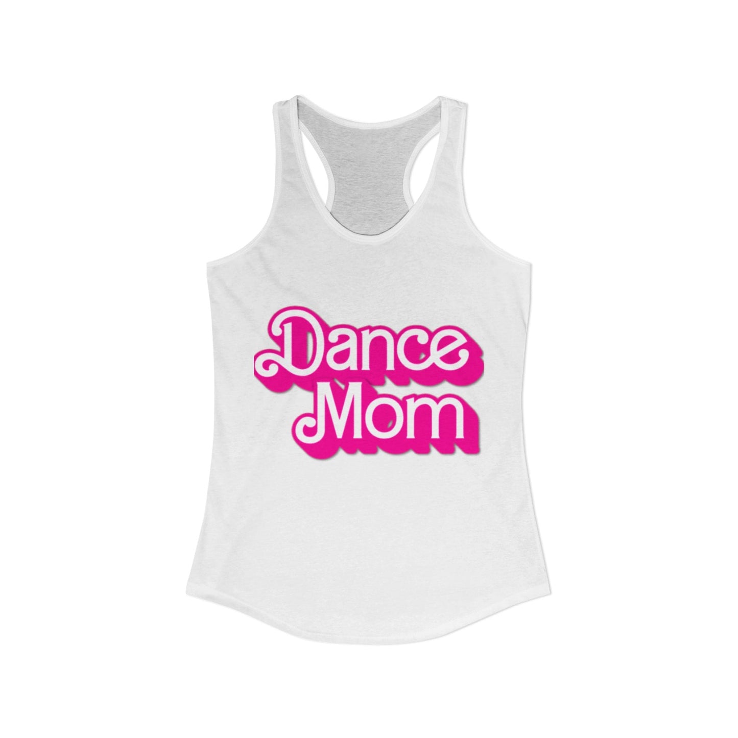 White racerback tank top featuring bold pink ’dance mom’ text in a playful, outlined font.