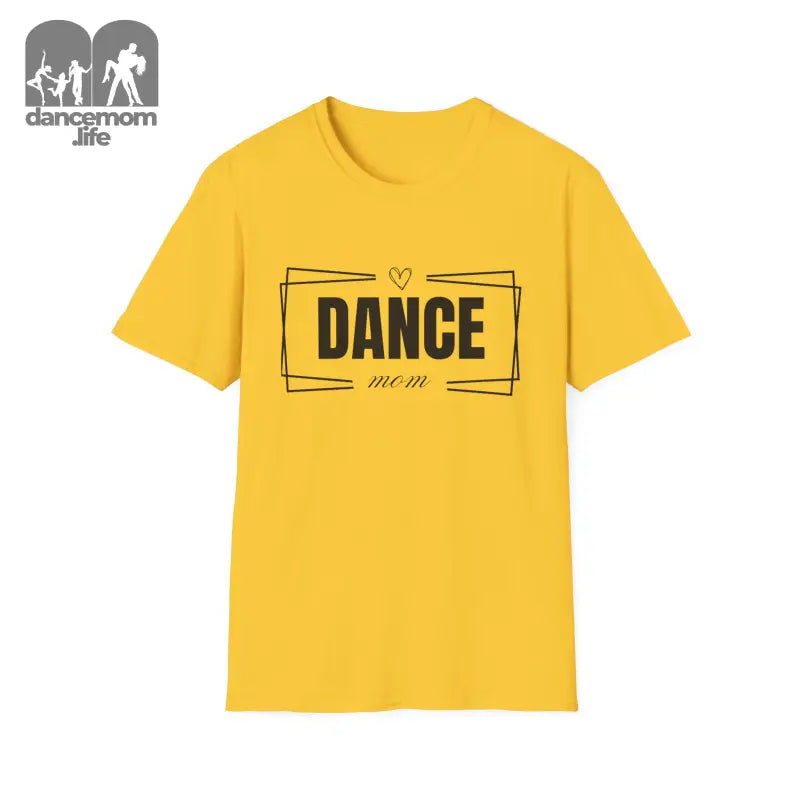 Yellow t-shirt with ’DANCE’ printed in black text inside a rectangular design.