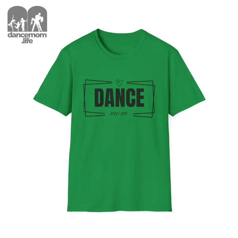 Green t-shirt with ’DANCE’ printed in black text on the front.