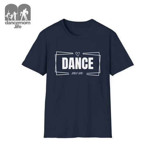 Navy blue t-shirt with ’DANCE’ printed in white text inside a rectangular design.