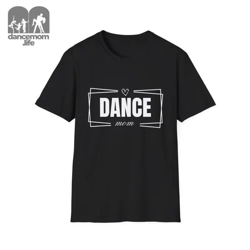 Black t-shirt with ’DANCE’ text and decorative elements printed in white.