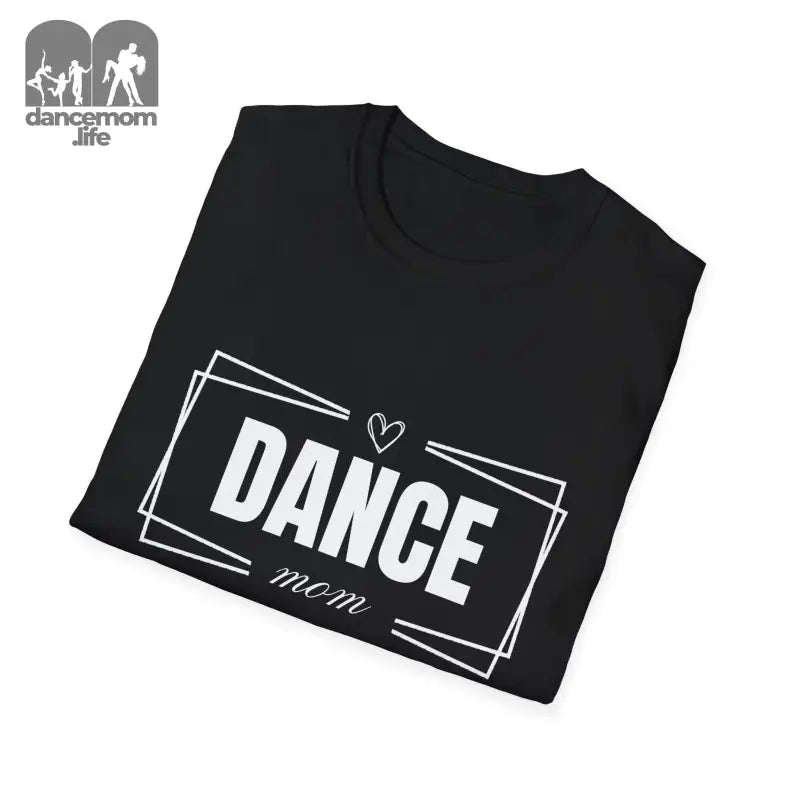 Black t-shirt with ’DANCE mom’ text design in white lettering and decorative frames.