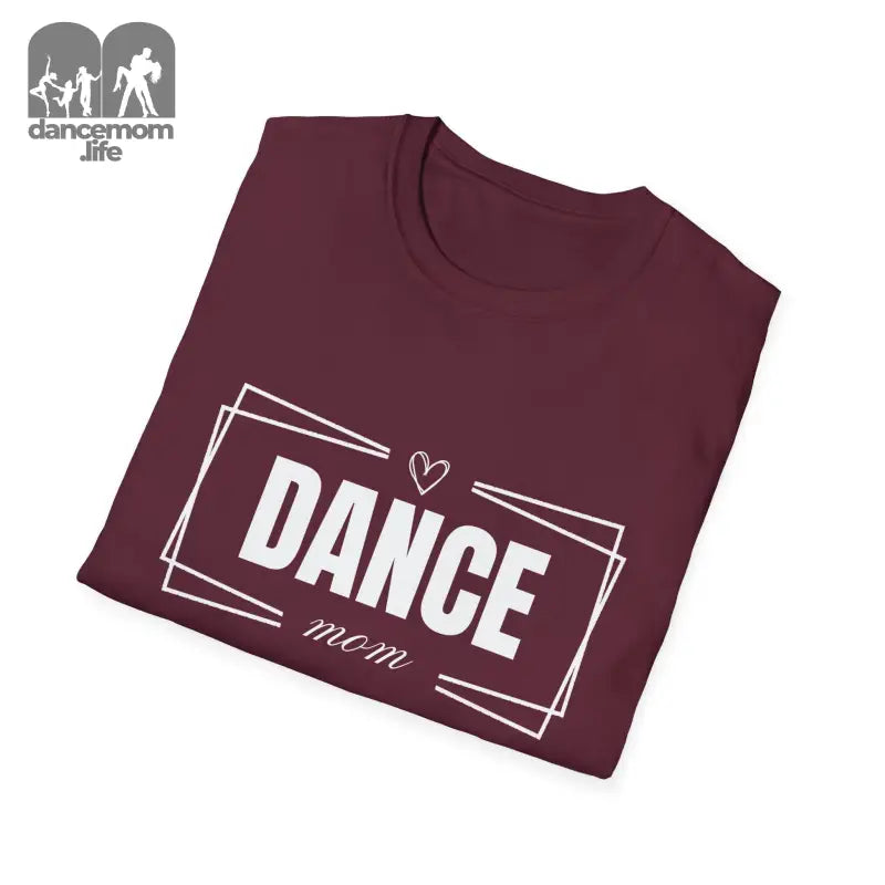 Burgundy t-shirt with ’DANCE mom’ text and heart design in white.