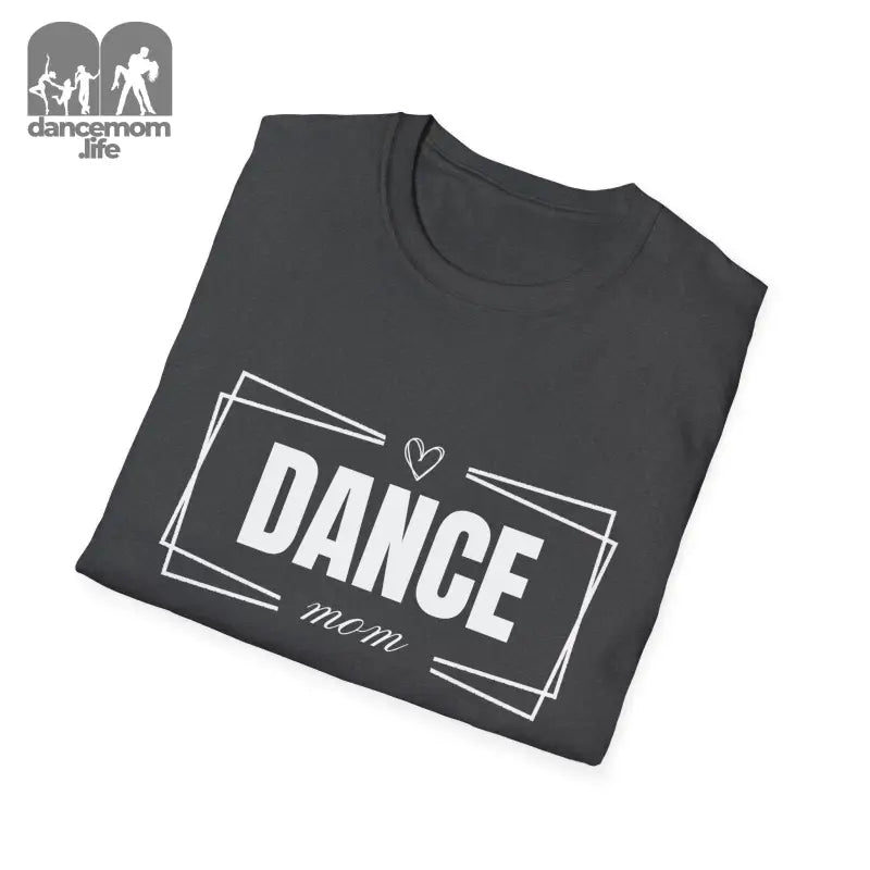 Dark gray t-shirt with ’DANCE mom’ text and heart design printed in white.