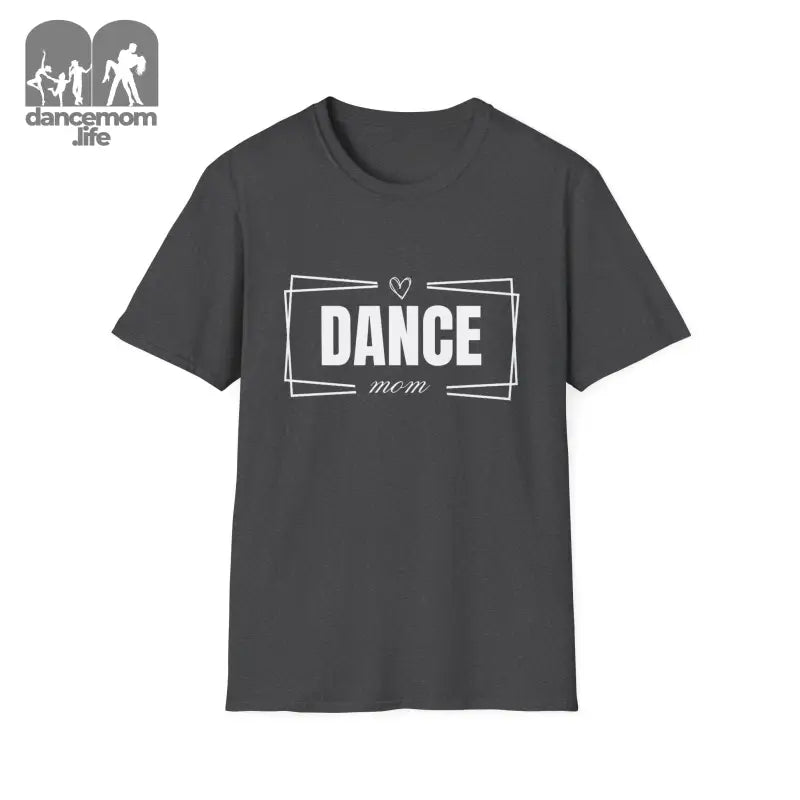 Dark gray t-shirt with ’DANCE’ text in a framed design.