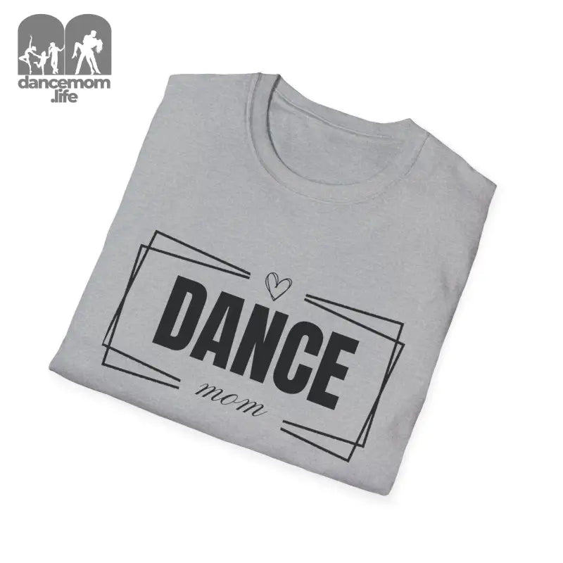 Gray t-shirt with ’DANCE mom’ text and a heart design printed on it.