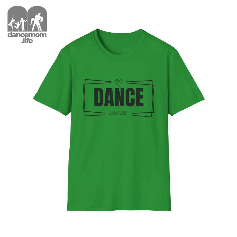 Green t-shirt with ’DANCE’ text in a rectangular border design.