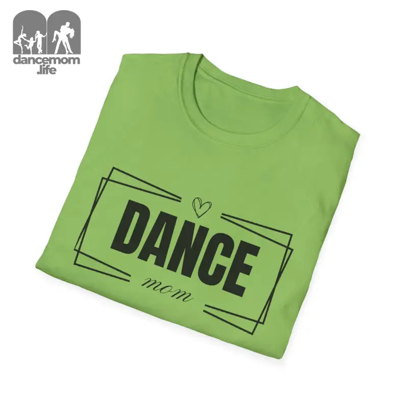 Lime green t-shirt with ’DANCE mom’ text and heart design printed in black.