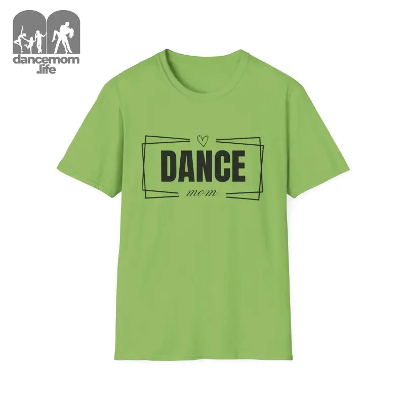 Lime green t-shirt with ’DANCE’ text in a simple black rectangular design.