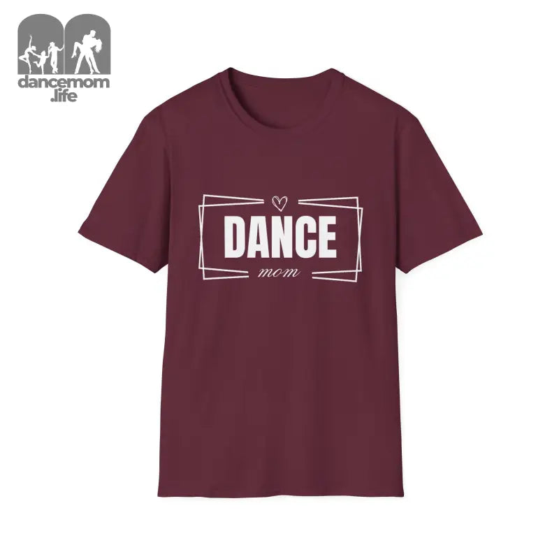 Burgundy t-shirt with ’DANCE’ text in white framed by geometric lines and a heart.