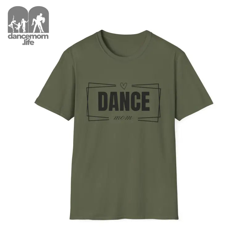 Olive green t-shirt with ’DANCE’ text in a rectangular border design.