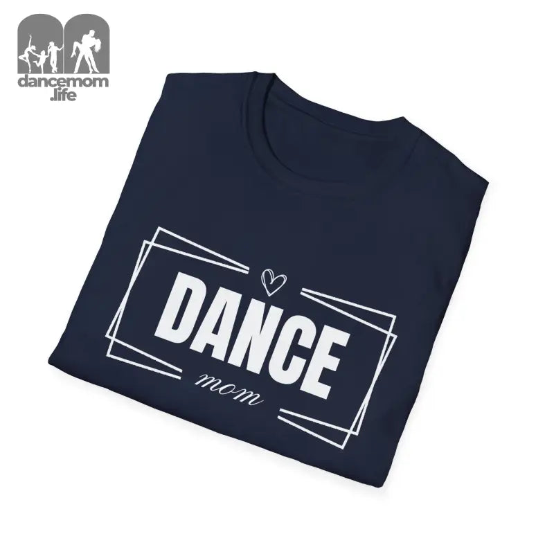 Navy blue t-shirt with ’DANCE mom’ text and heart design in white.