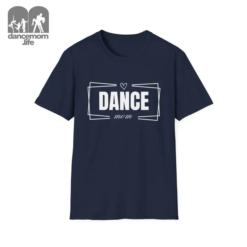 Navy blue t-shirt with ’DANCE’ text in white lettering inside a rectangular frame design.