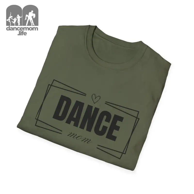 Olive green t-shirt with ’DANCE’ text and decorative elements printed in black.