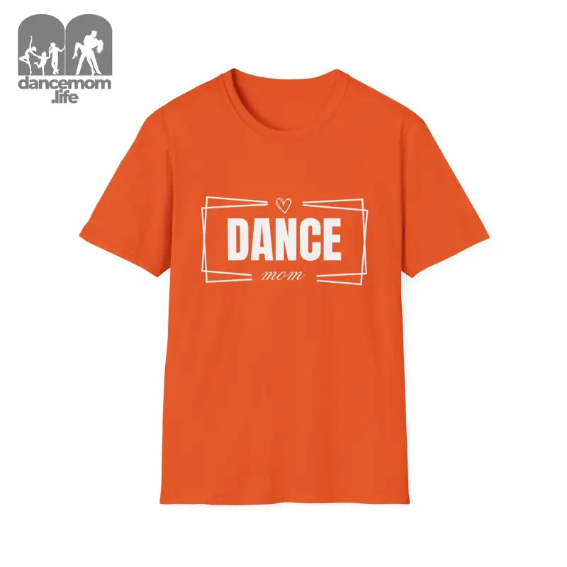 Orange t-shirt with ’DANCE’ text in white lettering and decorative frame design.