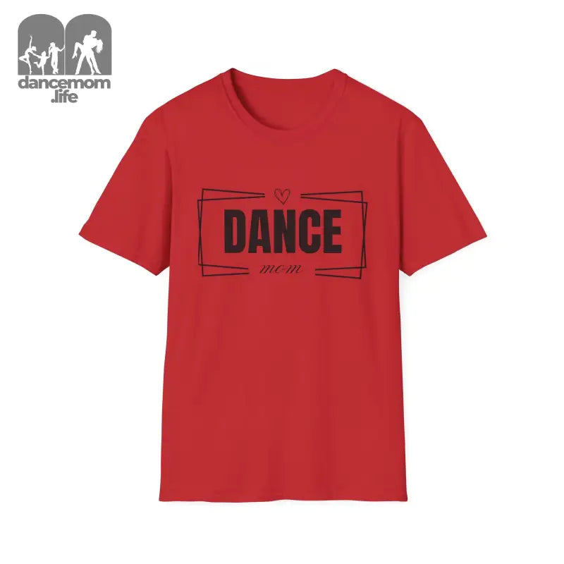 Red t-shirt with ’DANCE’ text printed in black.