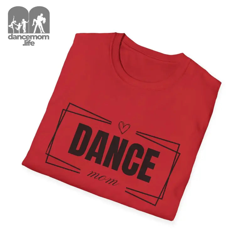 Red t-shirt with ’DANCE’ text and heart design printed in black.