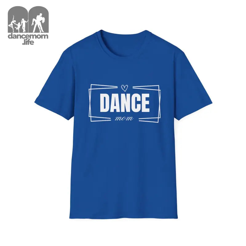 Royal blue t-shirt with ’DANCE’ text in white framed by geometric lines.