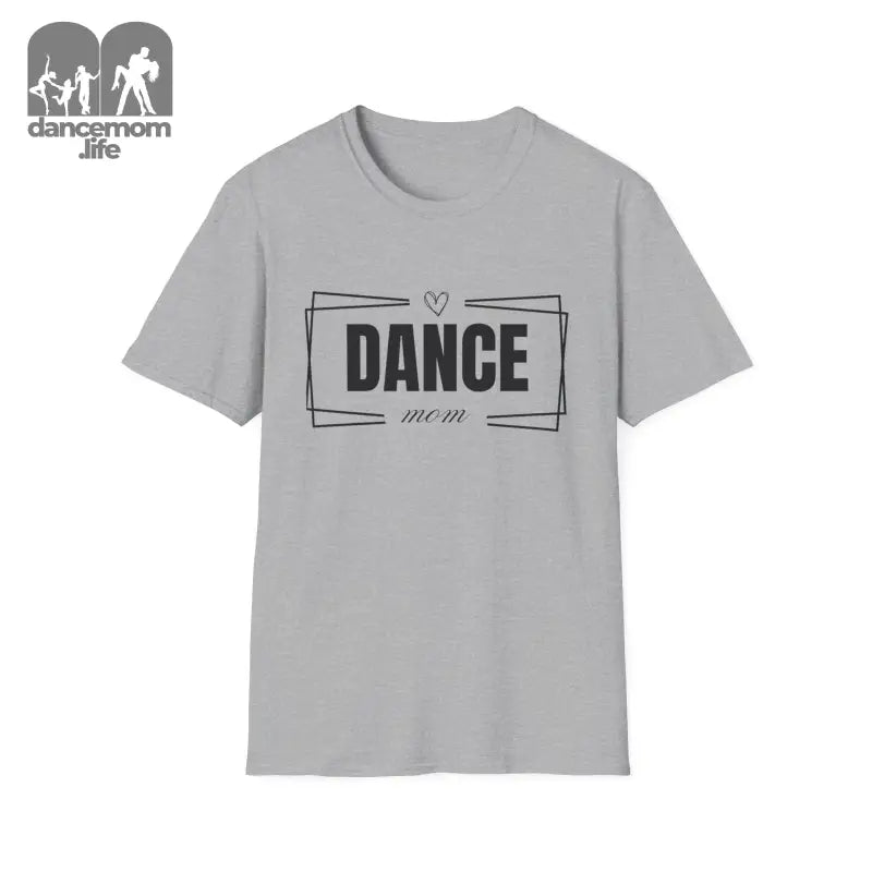 Gray t-shirt with ’DANCE’ text in a simple rectangular design.