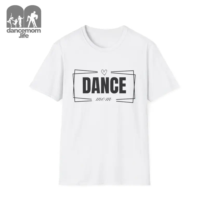 White t-shirt with ’DANCE’ text in a rectangular frame design.