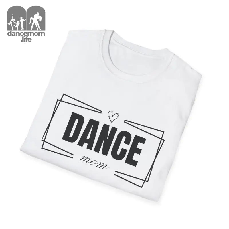 White t-shirt with ’DANCE mom’ text and heart design printed in black.