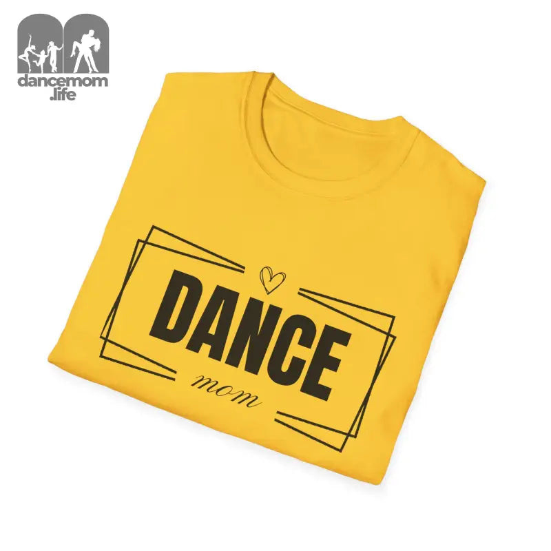 Yellow t-shirt with ’DANCE mom’ text and heart design printed in black.