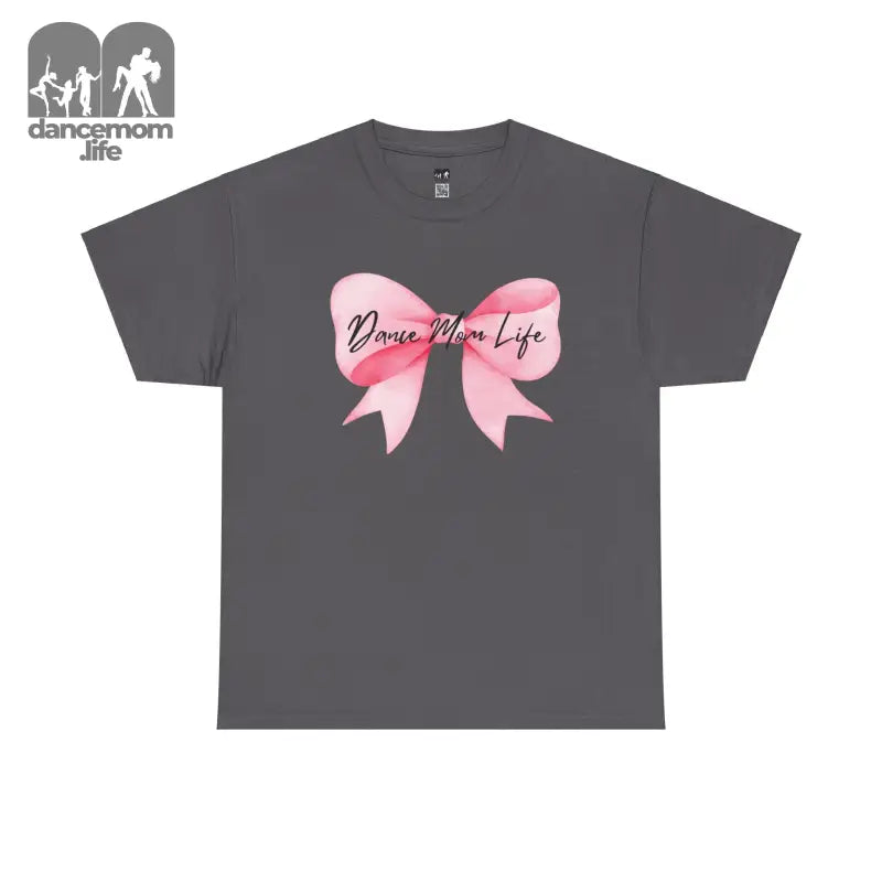 Gray t-shirt featuring a pink bow design with ’Dance Mom Life’ text.