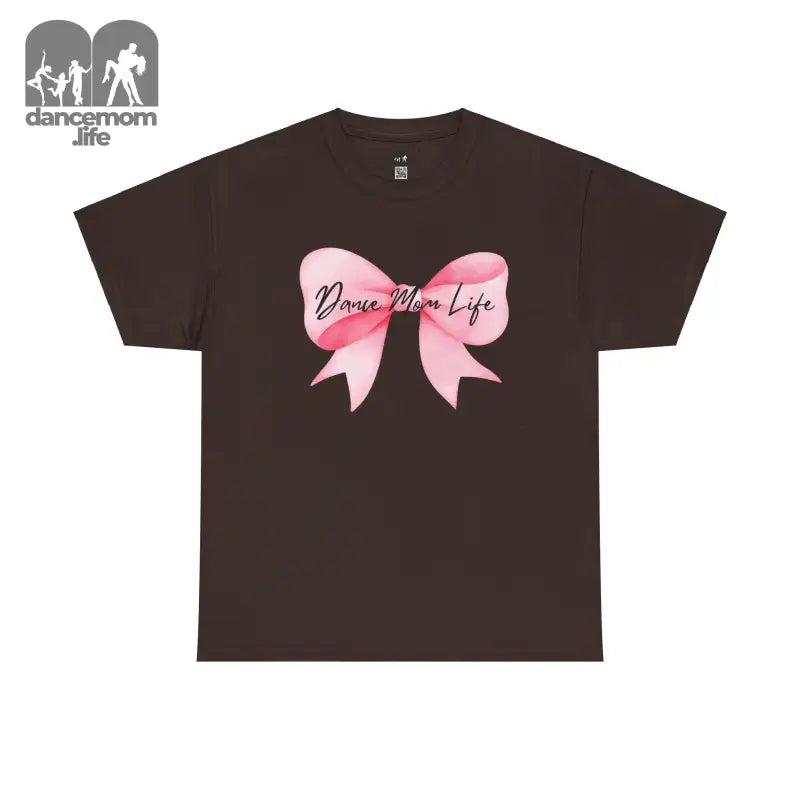 Brown t-shirt with a pink bow design and text.