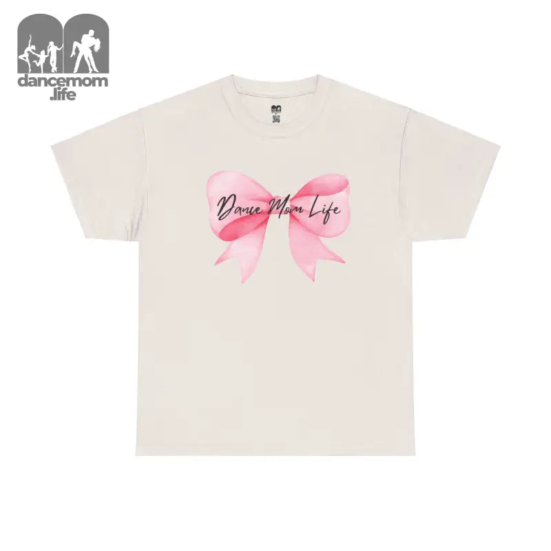 White t-shirt with a pink bow graphic and ’Dance Mom Life’ text.